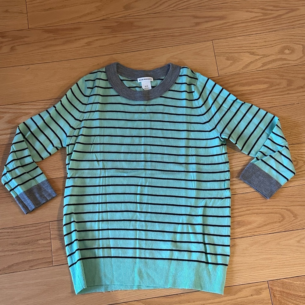 Club Monaco Mint Green Striped Crewneck Sweater with Gray Trim